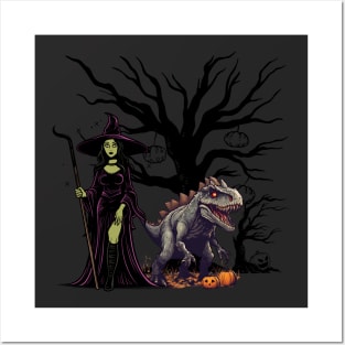 Scary dinasour with witch and pumpkin art for halloween season Posters and Art